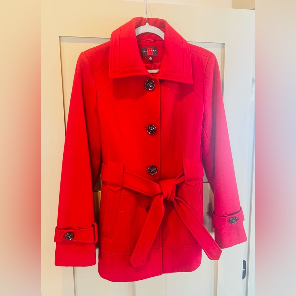 Gallery Red Women's Wool Blend Belted Pea Coat Medium